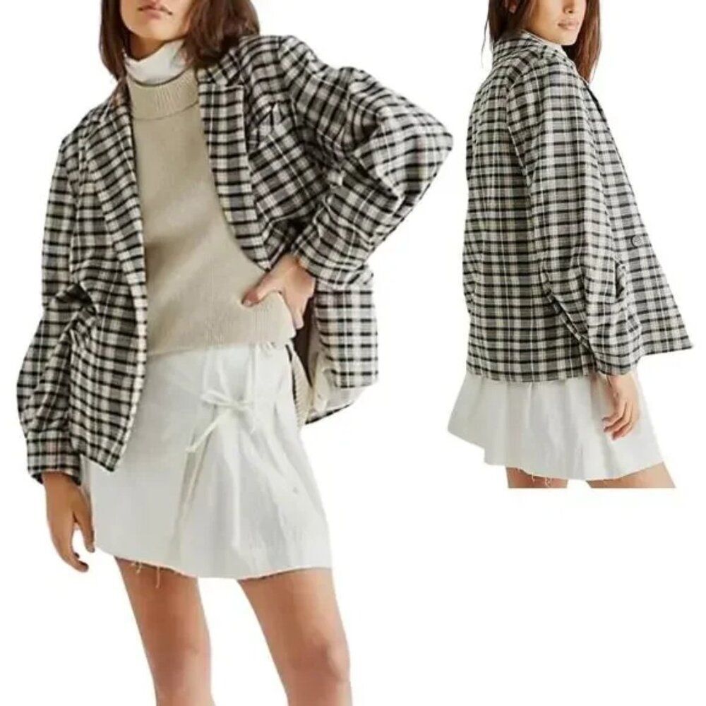 Free People We the Free Luminary Plaid Flannel Blazer XS Neutral Retro Academia
